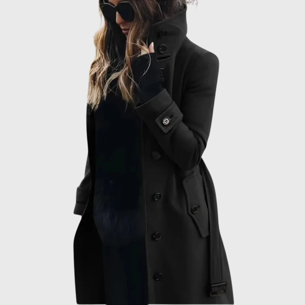 Women's Longline Winter Coat with Stand Collar and Cuff Straps