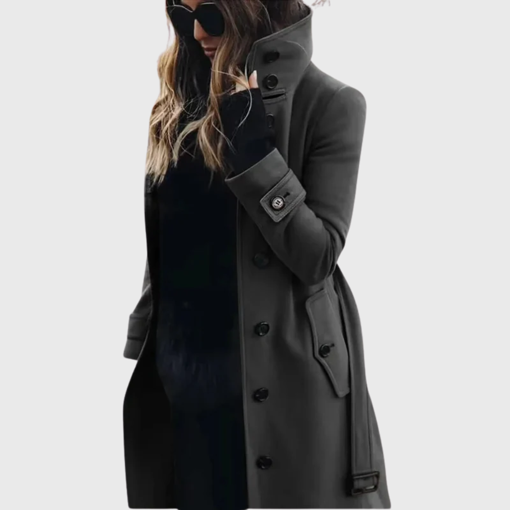 Women's Longline Winter Coat with Stand Collar and Cuff Straps