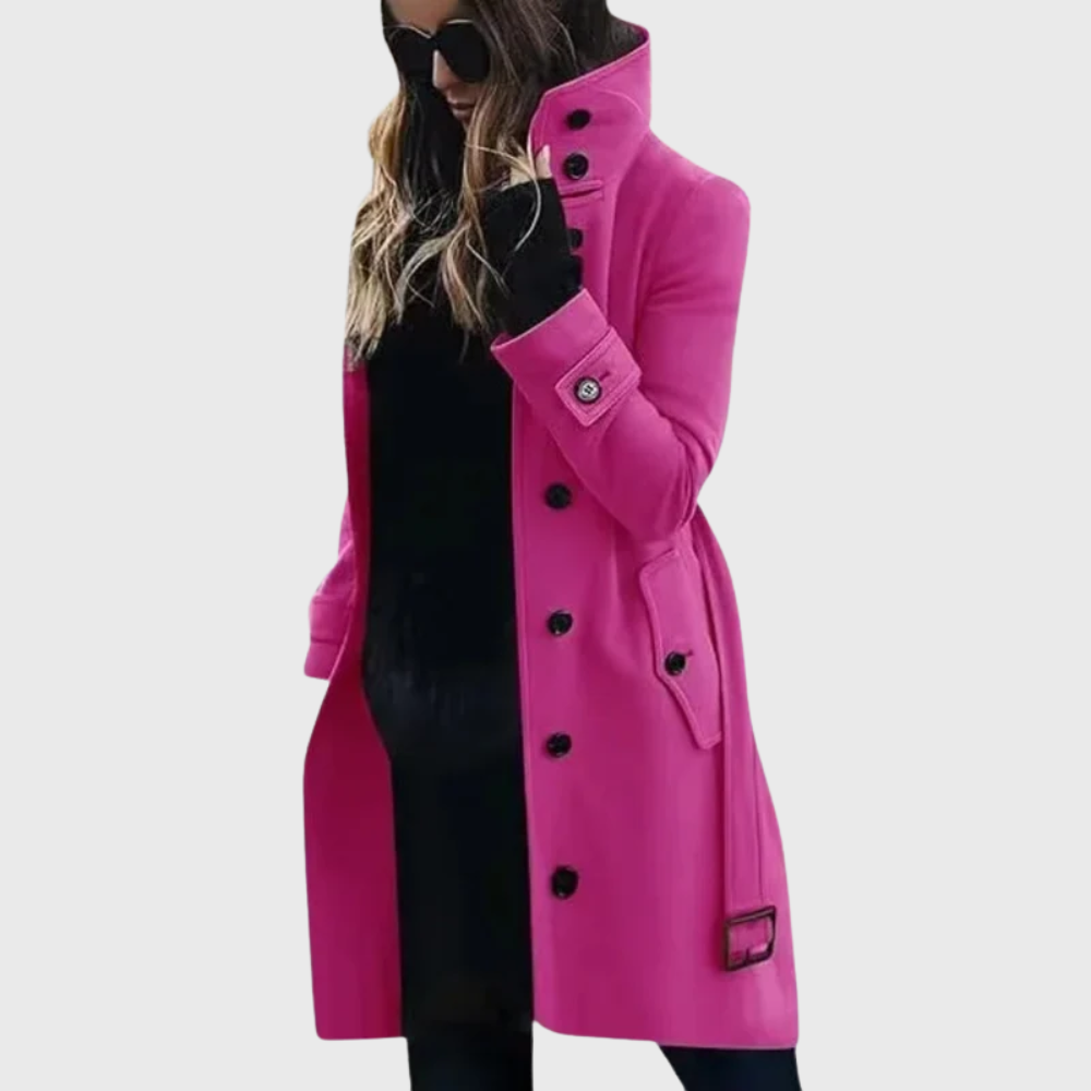 Women's Longline Winter Coat with Stand Collar and Cuff Straps