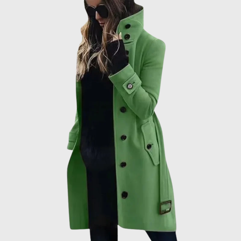 Women's Longline Winter Coat with Stand Collar and Cuff Straps