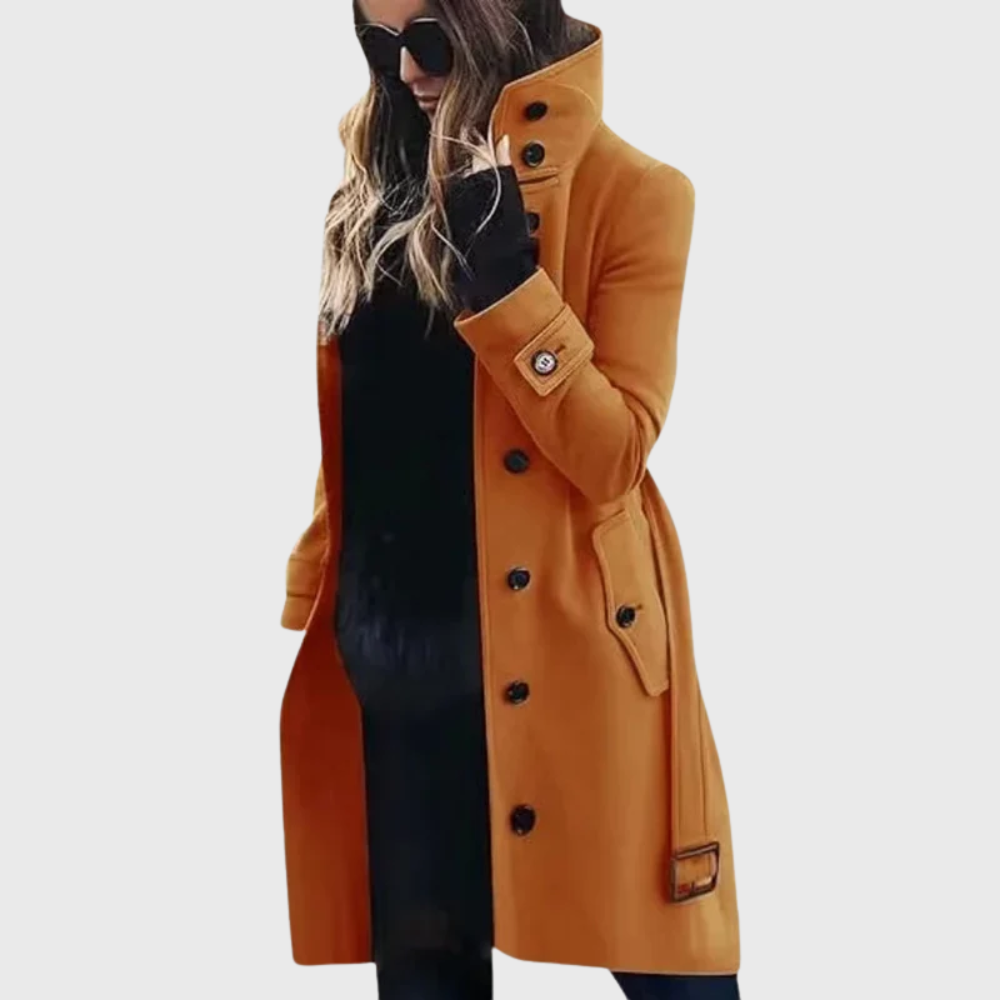 Women's Longline Winter Coat with Stand Collar and Cuff Straps