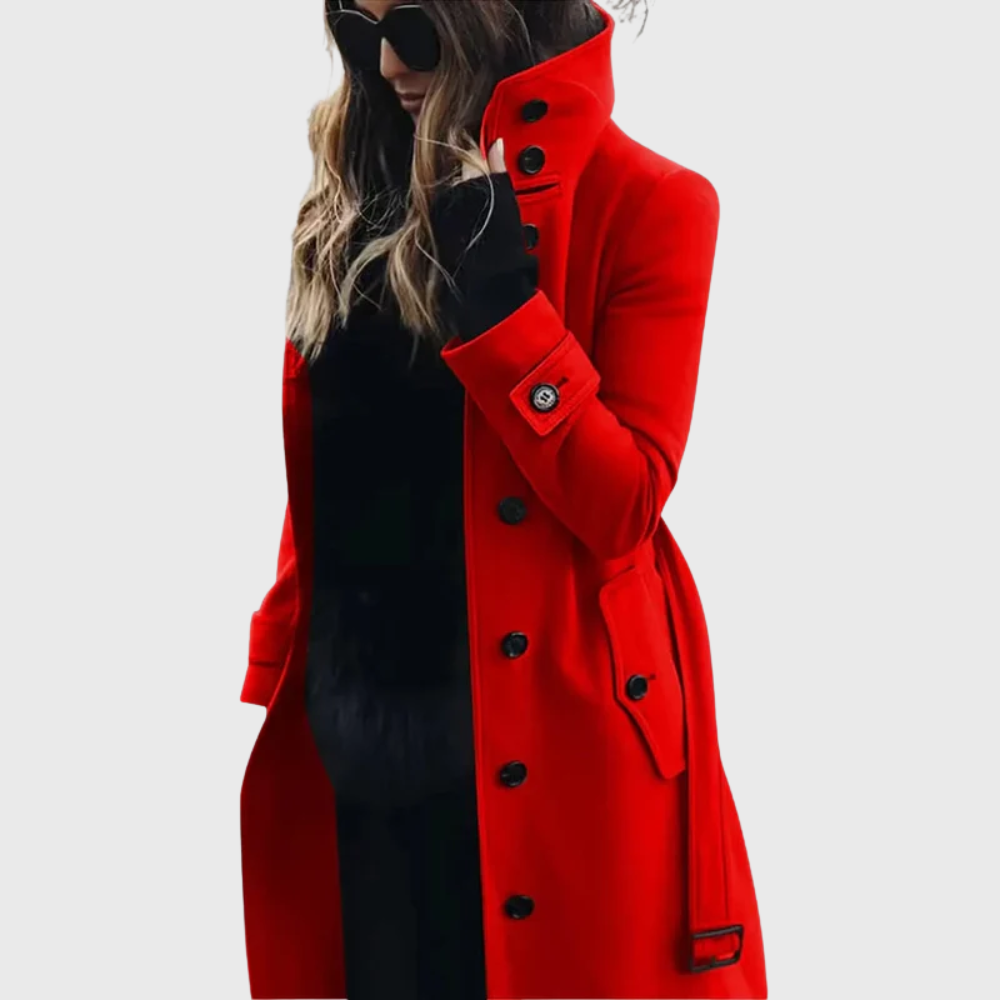 Women's Longline Winter Coat with Stand Collar and Cuff Straps