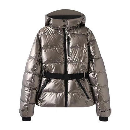 Women's Metallic Belted Hooded Ski Jacket