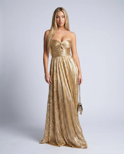 Gold metallic pleated maxi dress with strapless neckline and elegant evening wear silhouette by ILYNORA