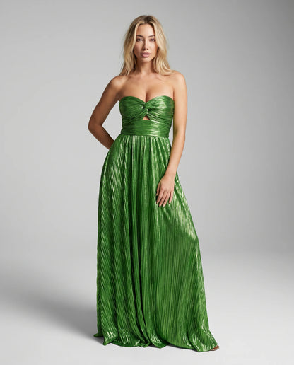 Green metallic pleated maxi dress with strapless neckline and wedding guest styling by ILYNORA