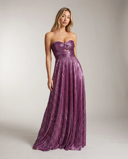 Purple metallic pleated maxi dress with flowing skirt and strapless evening wear design by ILYNORA