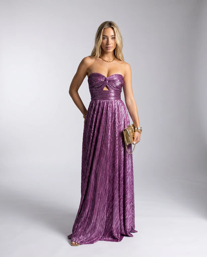 Purple metallic pleated maxi dress with elegant draping and formal event styling by ILYNORA