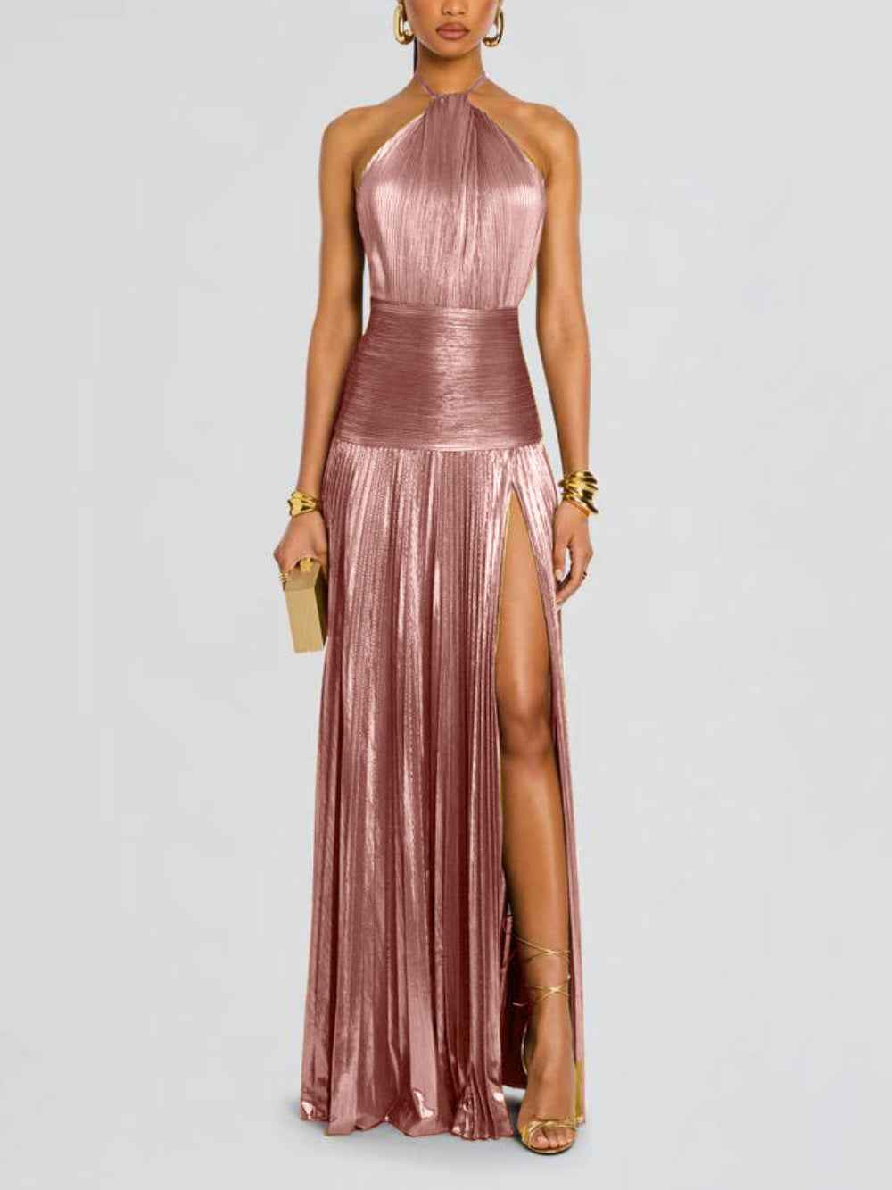Women's Metallic Pleated One Shoulder Maxi Dress