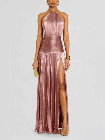 Women's Metallic Pleated One Shoulder Maxi Dress