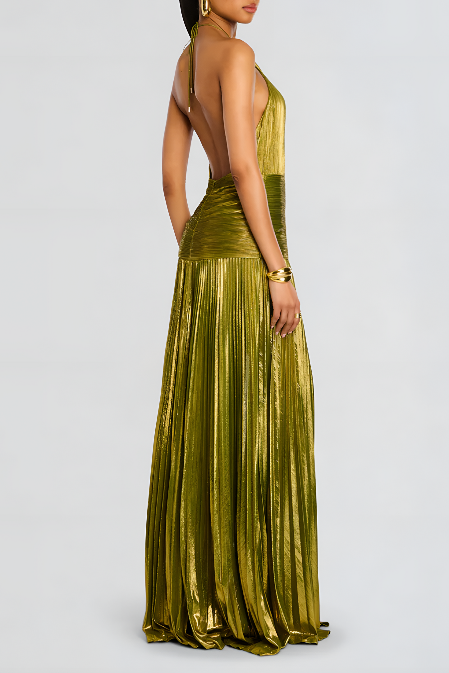 Women's Metallic Pleated One Shoulder Maxi Dress