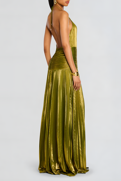 Women's Metallic Pleated One Shoulder Maxi Dress