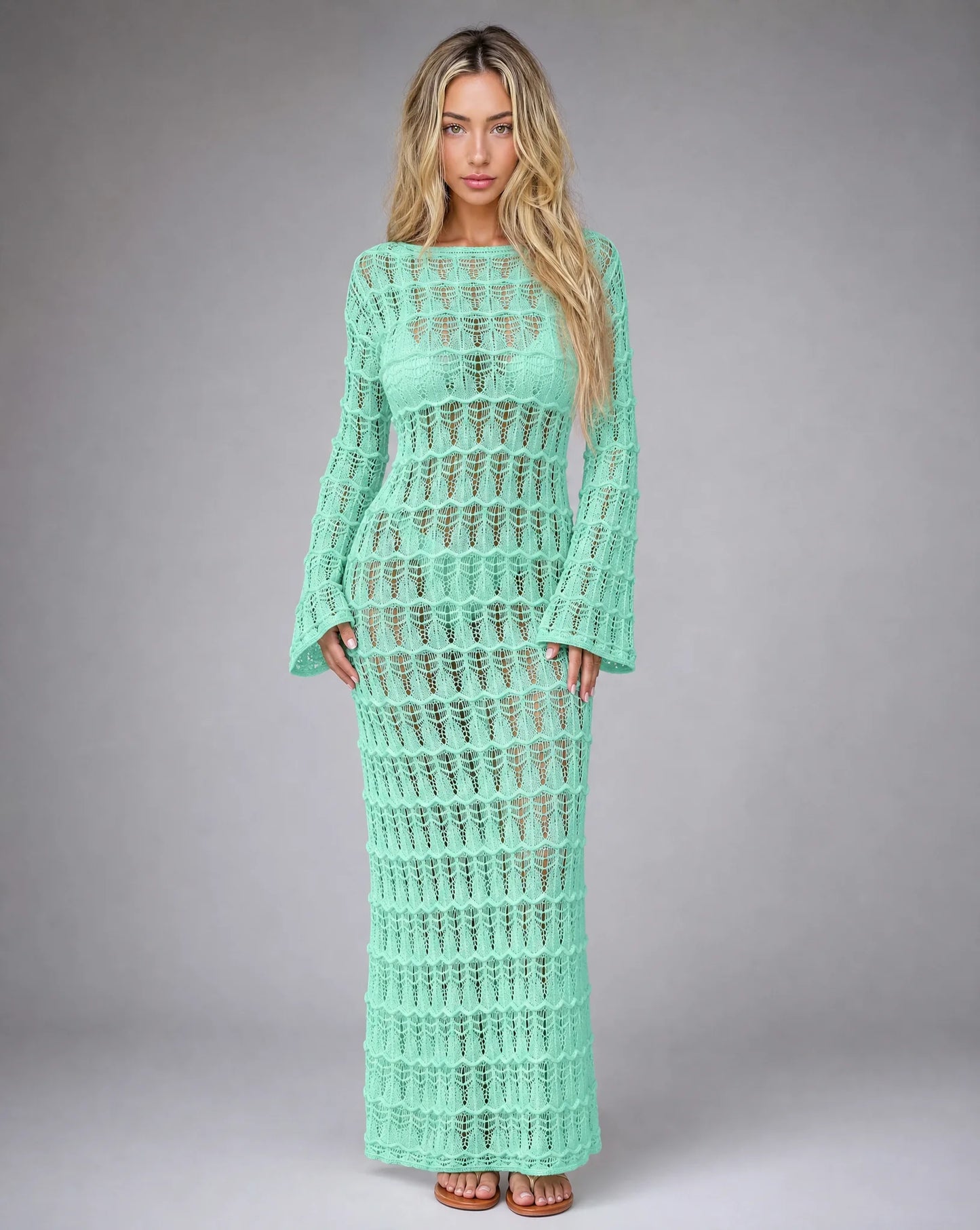 Women's mint green crochet maxi cover up dress with button front, long sleeves and breathable beach knit by ILYNORA