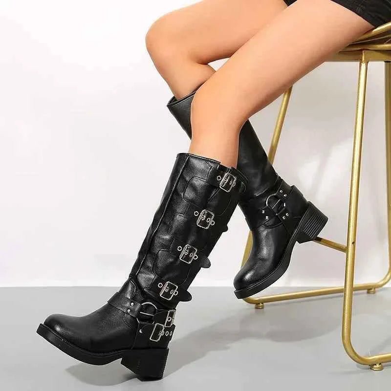 Women's Multi Buckle Harness Biker Knee High Boots