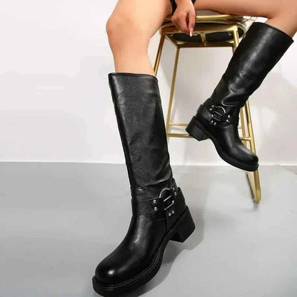 Women's Multi Buckle Harness Biker Knee High Boots