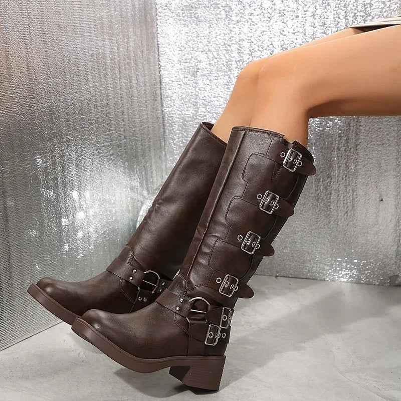 Women's Multi Buckle Harness Biker Knee High Boots