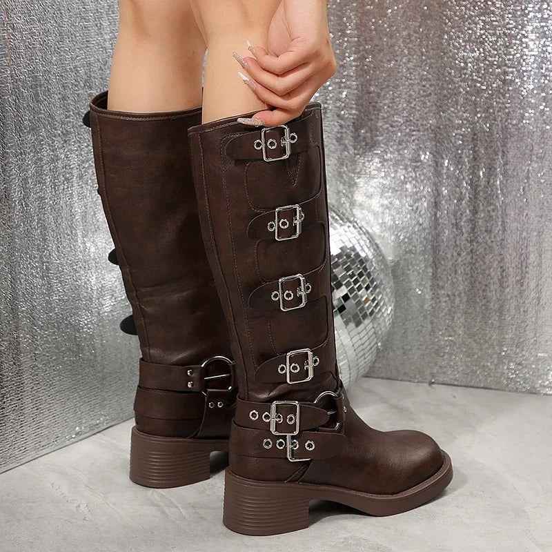 Women's Multi Buckle Harness Biker Knee High Boots