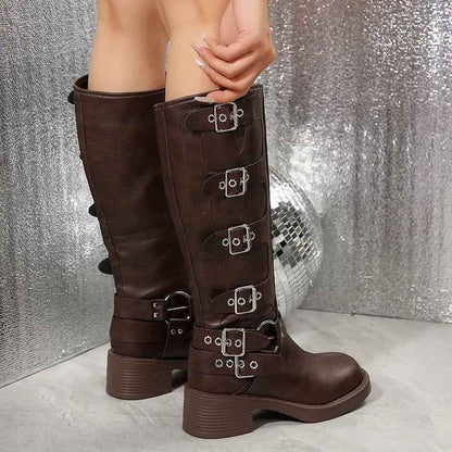 Women's Multi Buckle Harness Biker Knee High Boots
