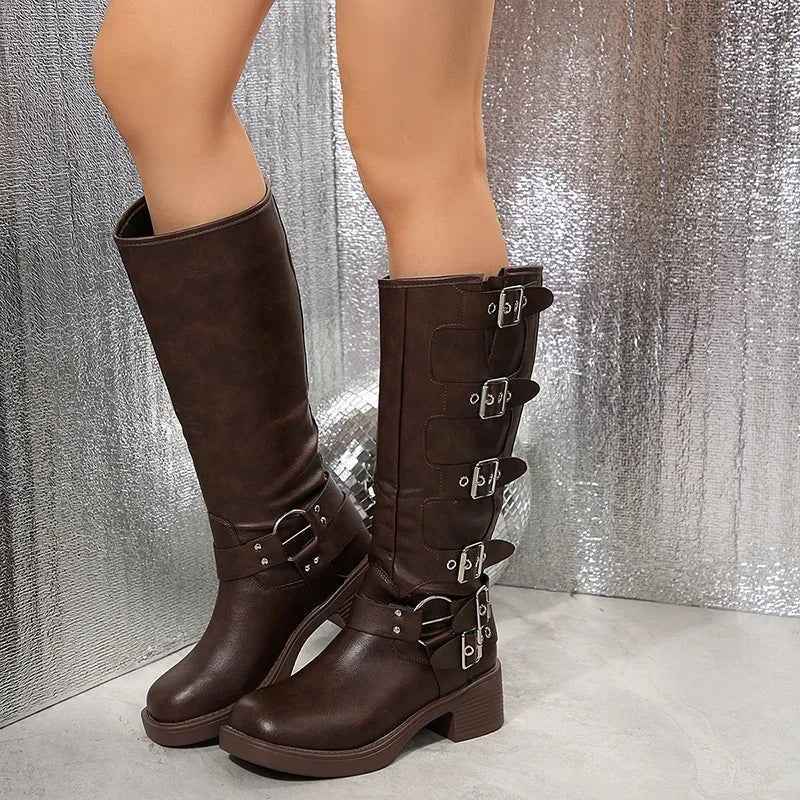 Women's Multi Buckle Harness Biker Knee High Boots