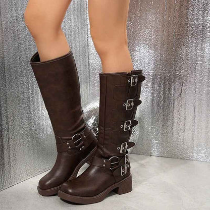 Women's Multi Buckle Harness Biker Knee High Boots