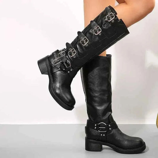 Women's Multi Buckle Harness Biker Knee High Boots