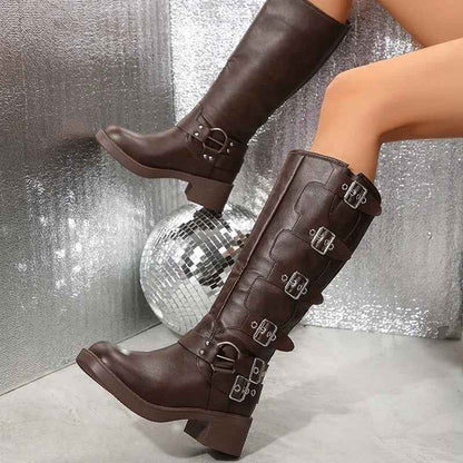 Women's Multi Buckle Harness Biker Knee High Boots