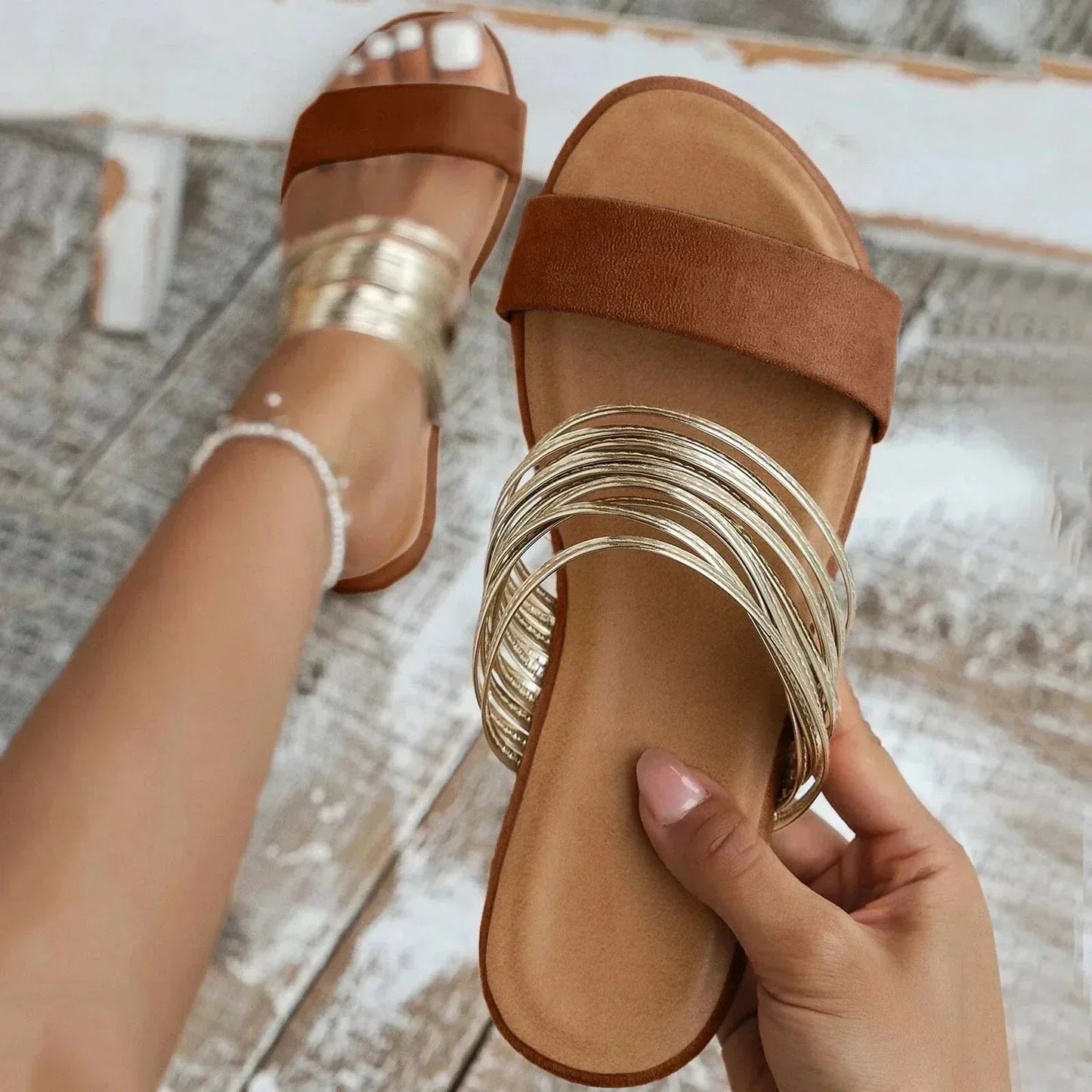 Women's Multi Strand Gold Strap Flat Sandals