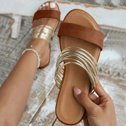 Women's Multi Strand Gold Strap Flat Sandals