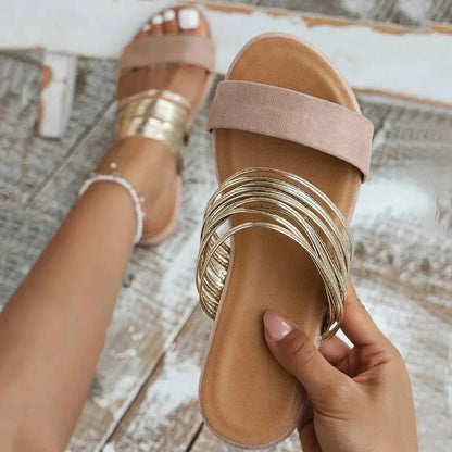 Women's Multi Strand Gold Strap Flat Sandals