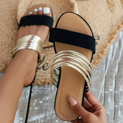 Women's Multi Strand Gold Strap Flat Sandals