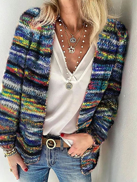 Women's Multicolour Striped Knit Cardigan with Open Front
