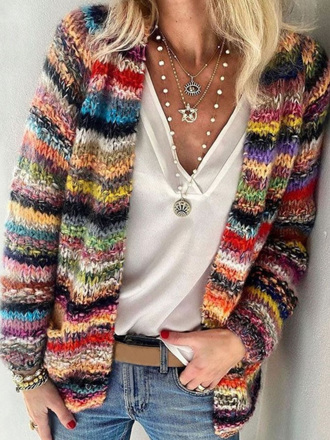 Women's Multicolour Striped Knit Cardigan with Open Front