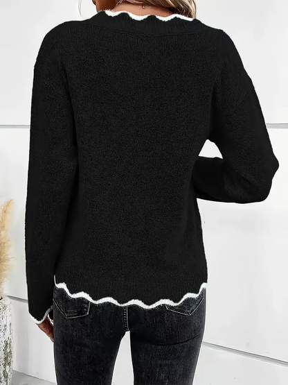 Women's Notch V-Neck Long Sleeve Knit Jumper