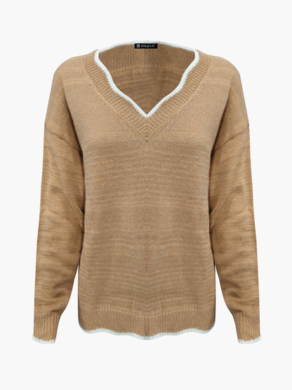 Women's Notch V-Neck Long Sleeve Knit Jumper