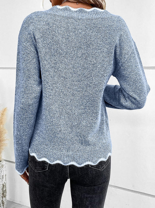 Women's Notch V-Neck Long Sleeve Knit Jumper