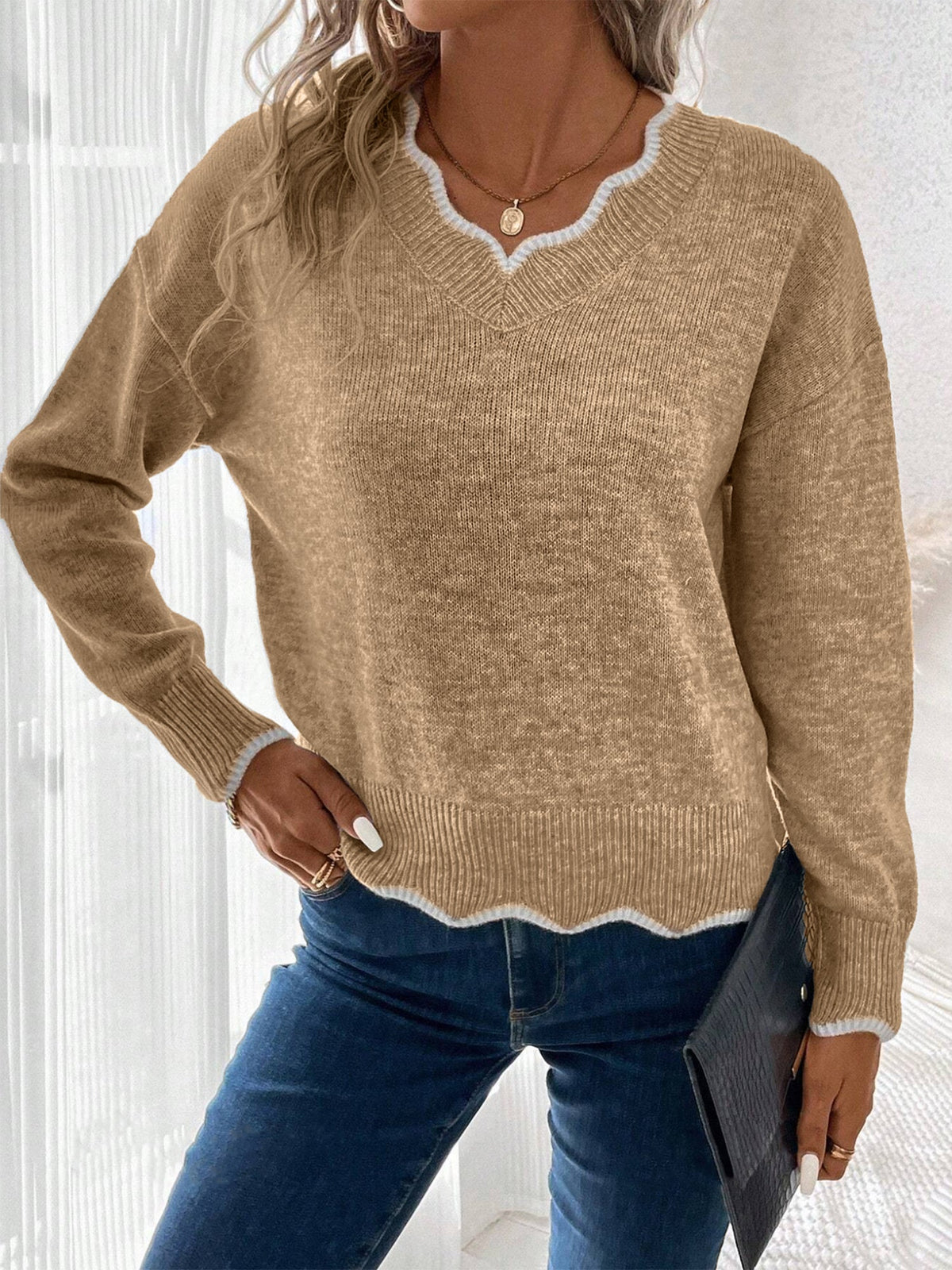 Women's Notch V-Neck Long Sleeve Knit Jumper