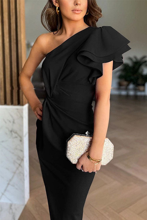 Women's Off-Shoulder Ruffle Sleeve Slit Midi Dress