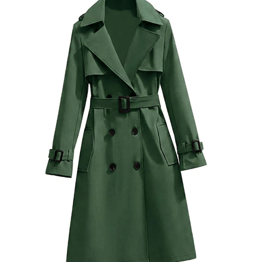 Women's Olive Green Longline Double Breasted Winter Coat with Notch Lapel