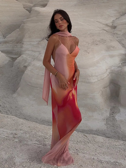 Women's Ombre Print Scarf Neck Open Back Maxi Dress
