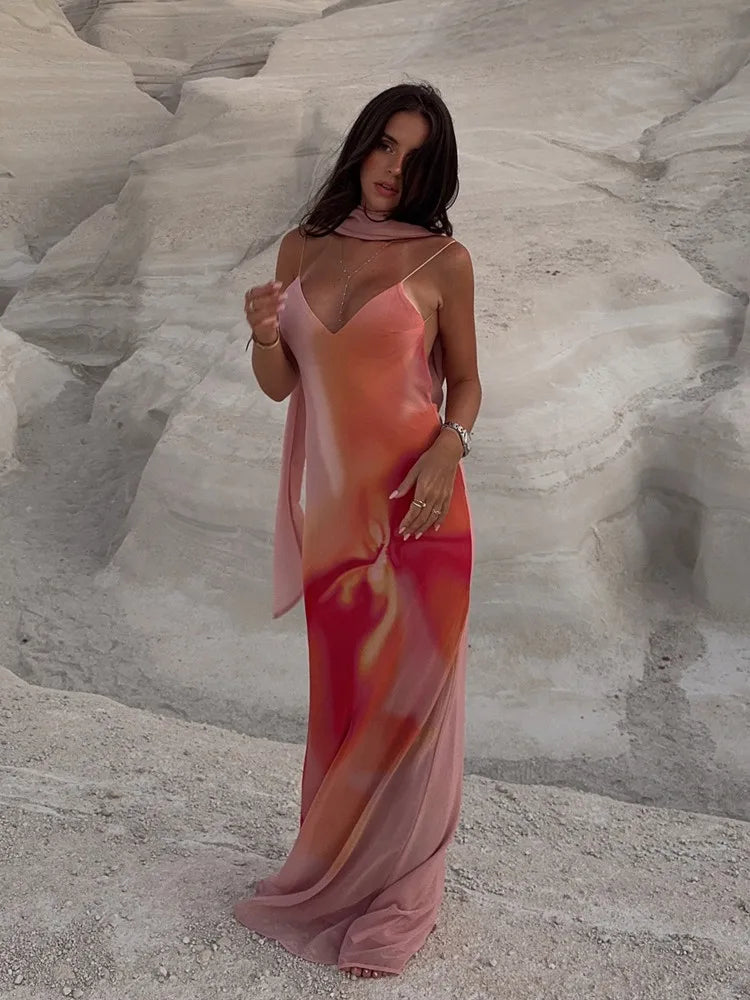 Women's Ombre Print Scarf Neck Open Back Maxi Dress