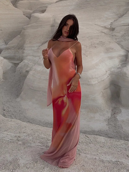 Women's Ombre Print Scarf Neck Open Back Maxi Dress