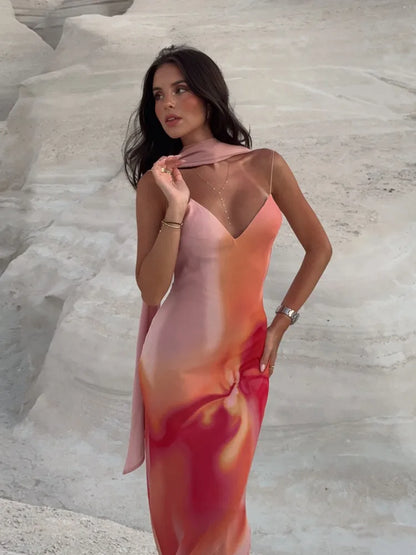 Women's Ombre Print Scarf Neck Open Back Maxi Dress