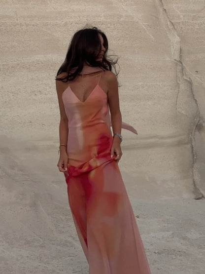 Women's Ombre Print Scarf Neck Open Back Maxi Dress