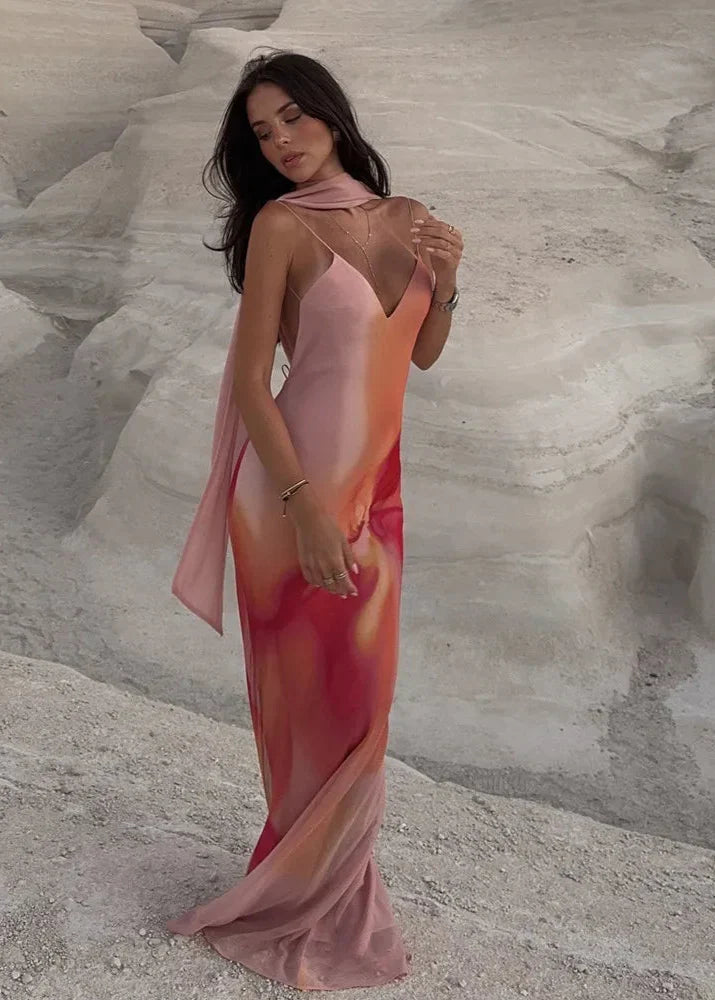 Women's Ombre Print Scarf Neck Open Back Maxi Dress