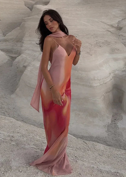 Women's Ombre Print Scarf Neck Open Back Maxi Dress