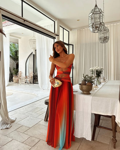Women's Ombre Strapless Cut Out Maxi Dress