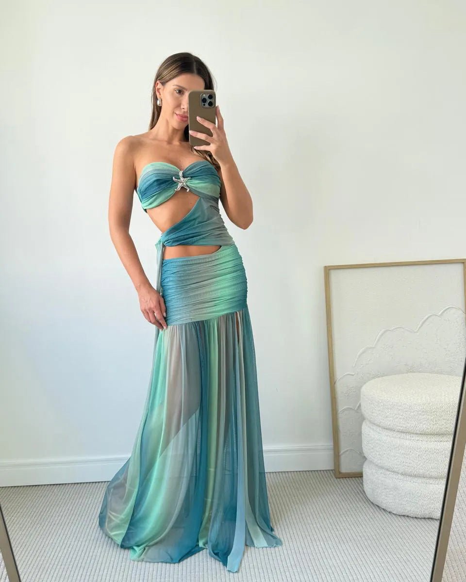 Women's Ombre Strapless Cut Out Maxi Dress