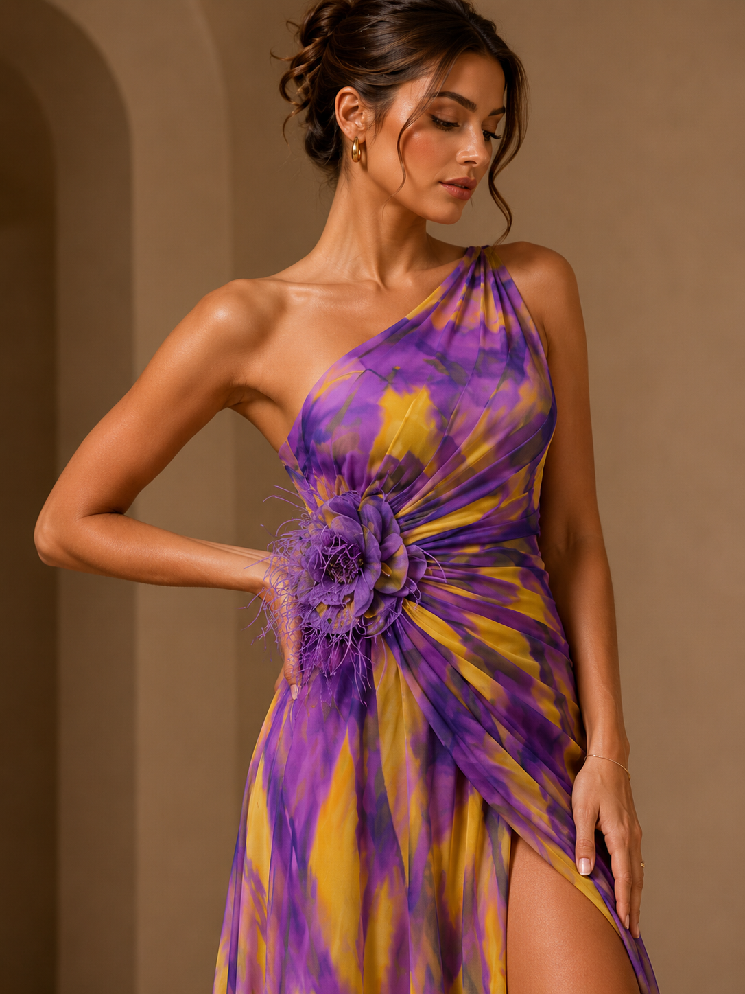 Women's One Shoulder Abstract Print Maxi Dress