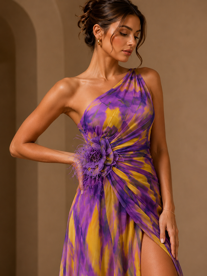 Women's One Shoulder Abstract Print Maxi Dress