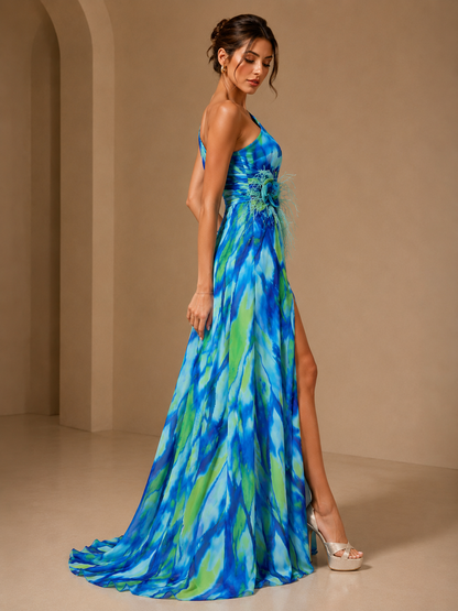 Women's One Shoulder Abstract Print Maxi Dress