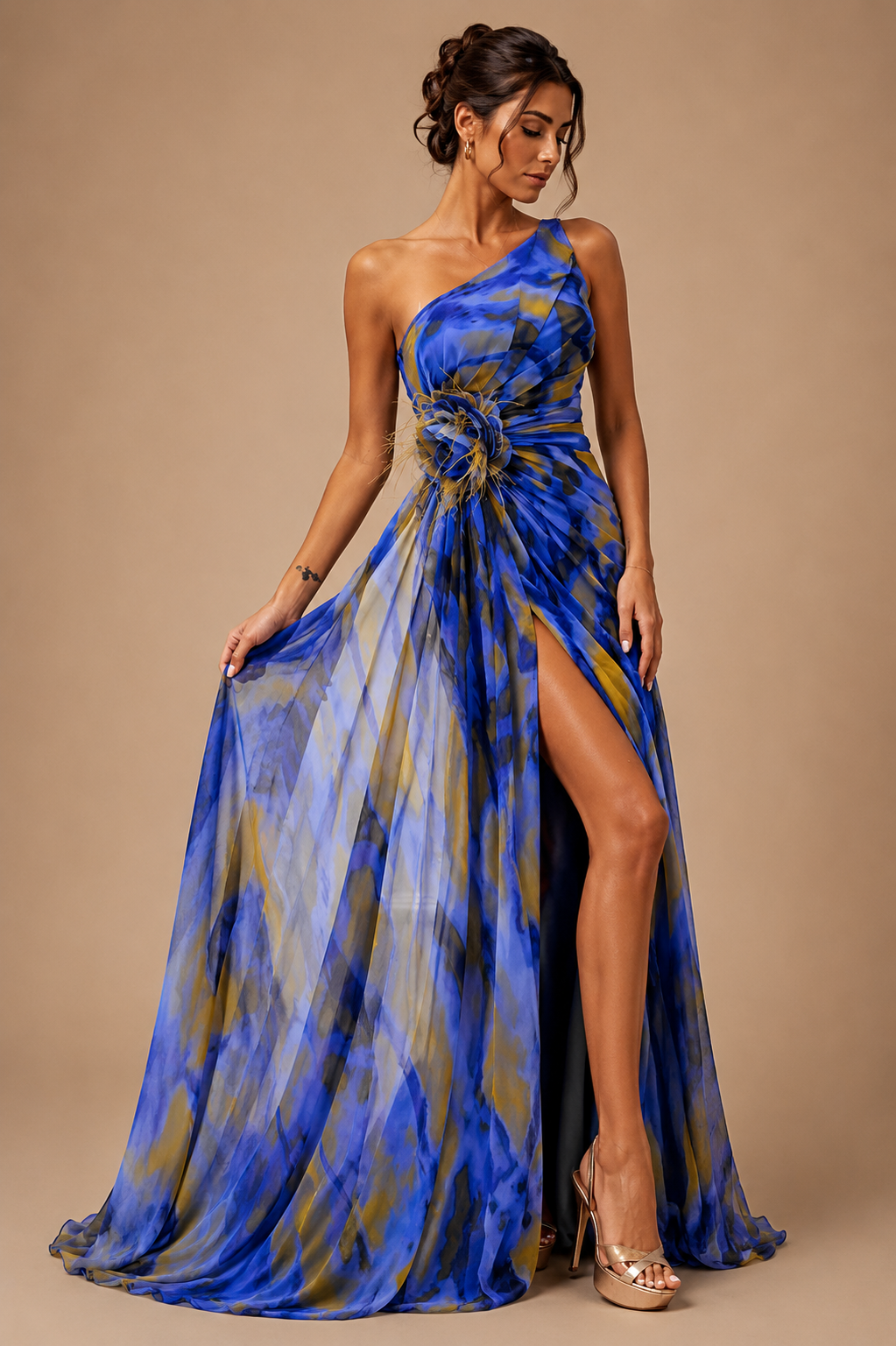 Women's One Shoulder Abstract Print Maxi Dress